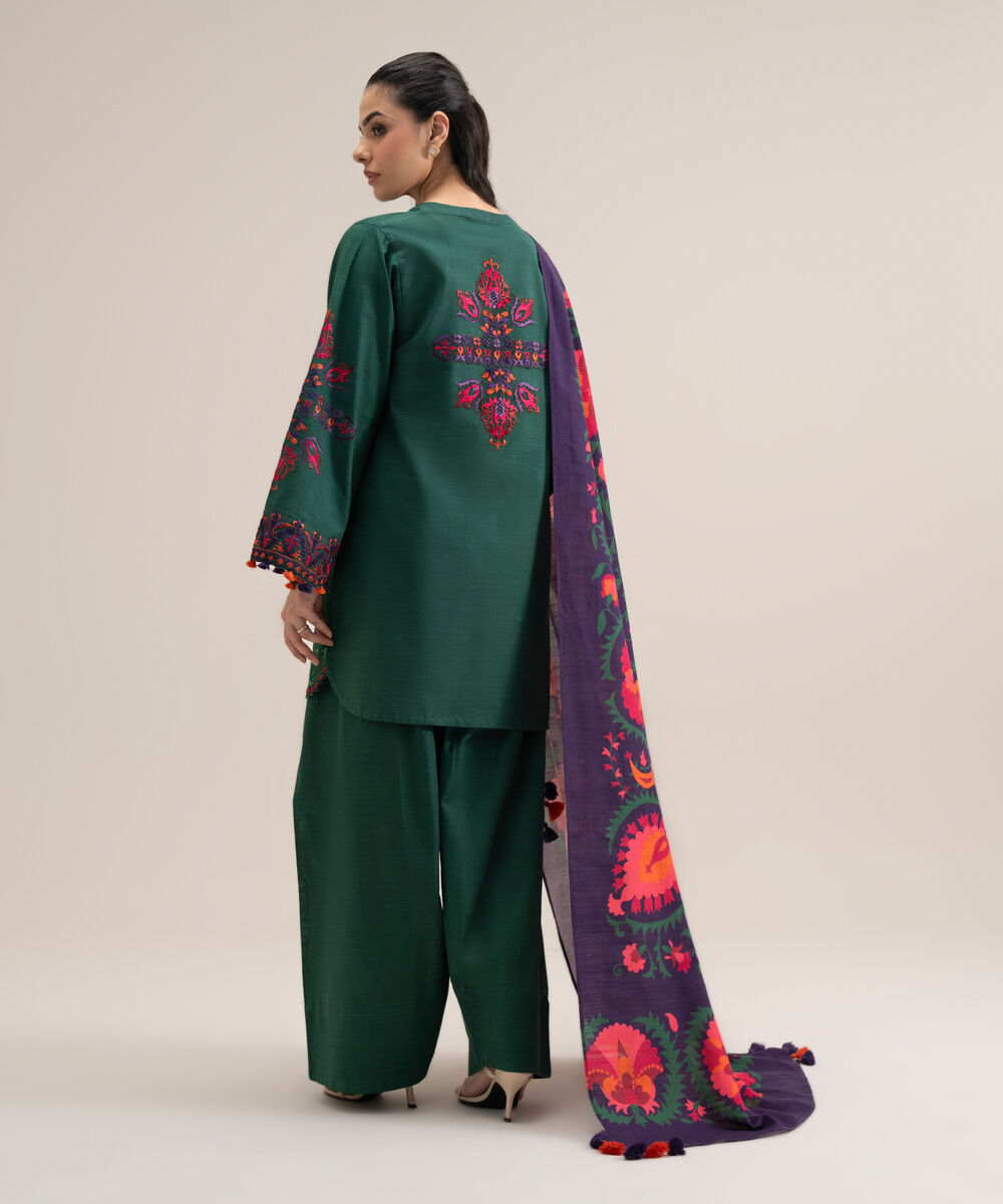 Women's Unstitched Cotton Embroidered Green 3 Piece Suit