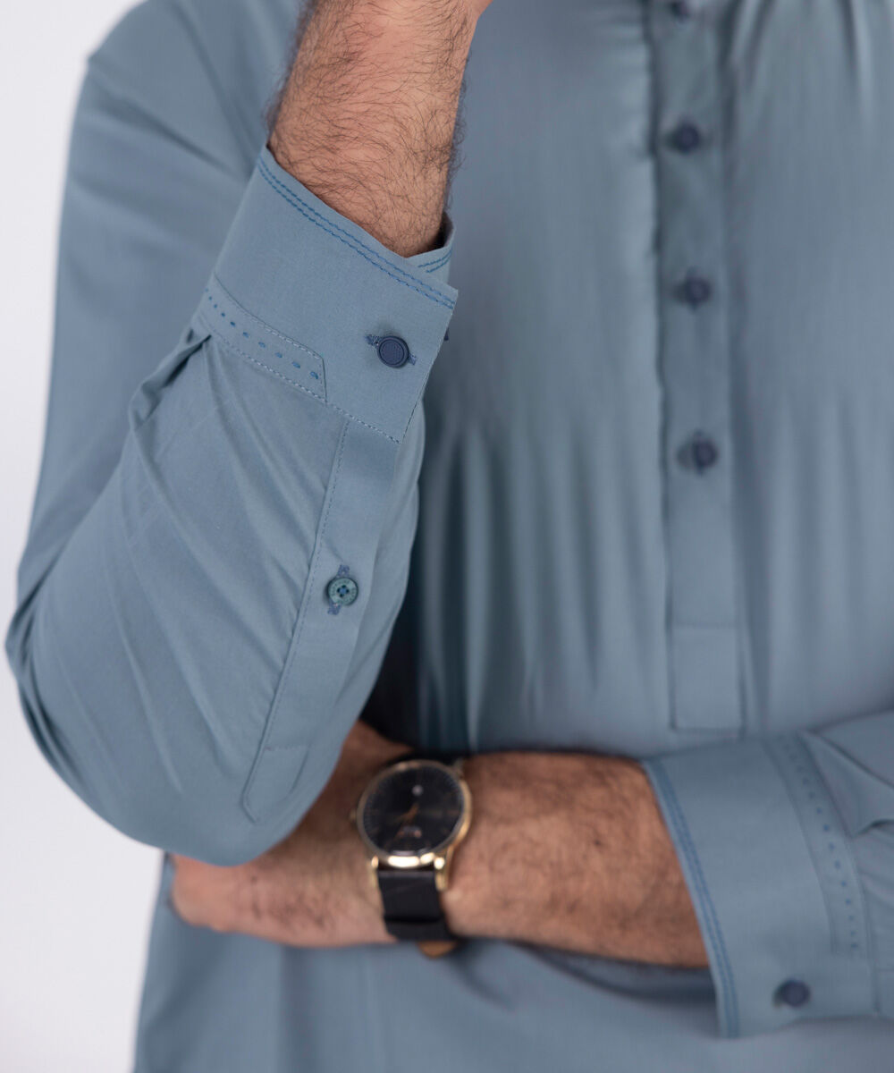 Men's 100% Cotton Stitched Plain Blue Stitched Suit