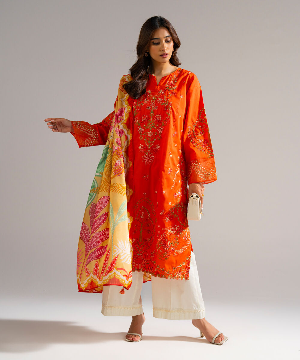 Women's RTW Lawn Embroidered Orange 2 Piece Suit