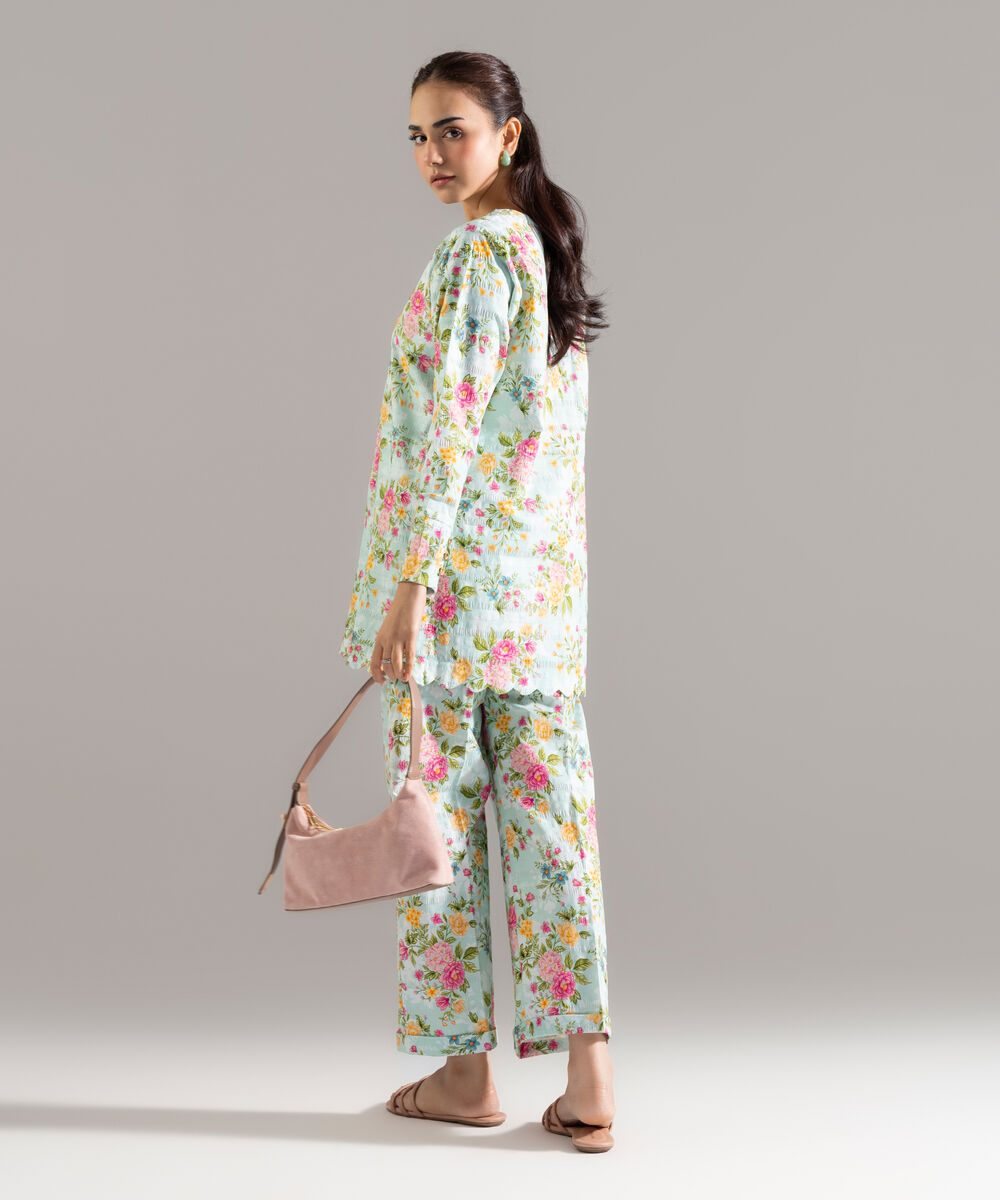 Women's RTW Seersucker Printed Turquoise Straight Shirt