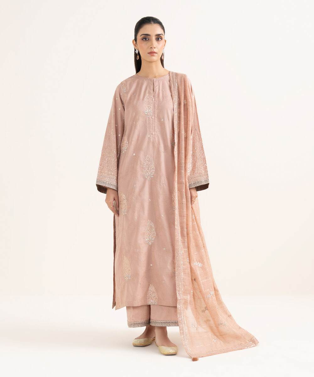 Women's RTW Self Jacquard Leno Embroidered Dusty Pink Straight Shirt