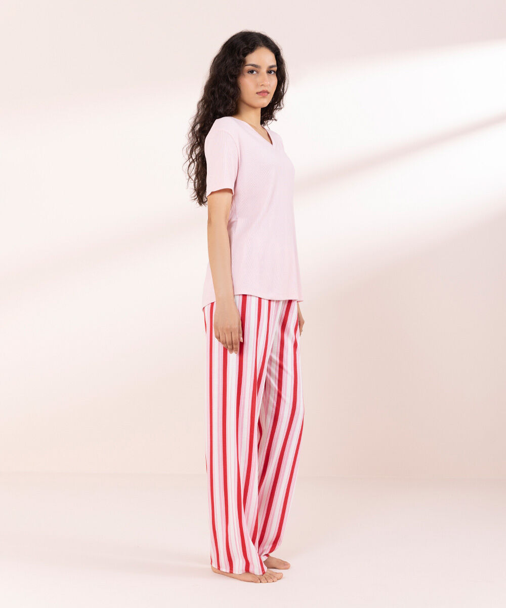 Womens Pink Sleepwear V-Neck T-Shirt