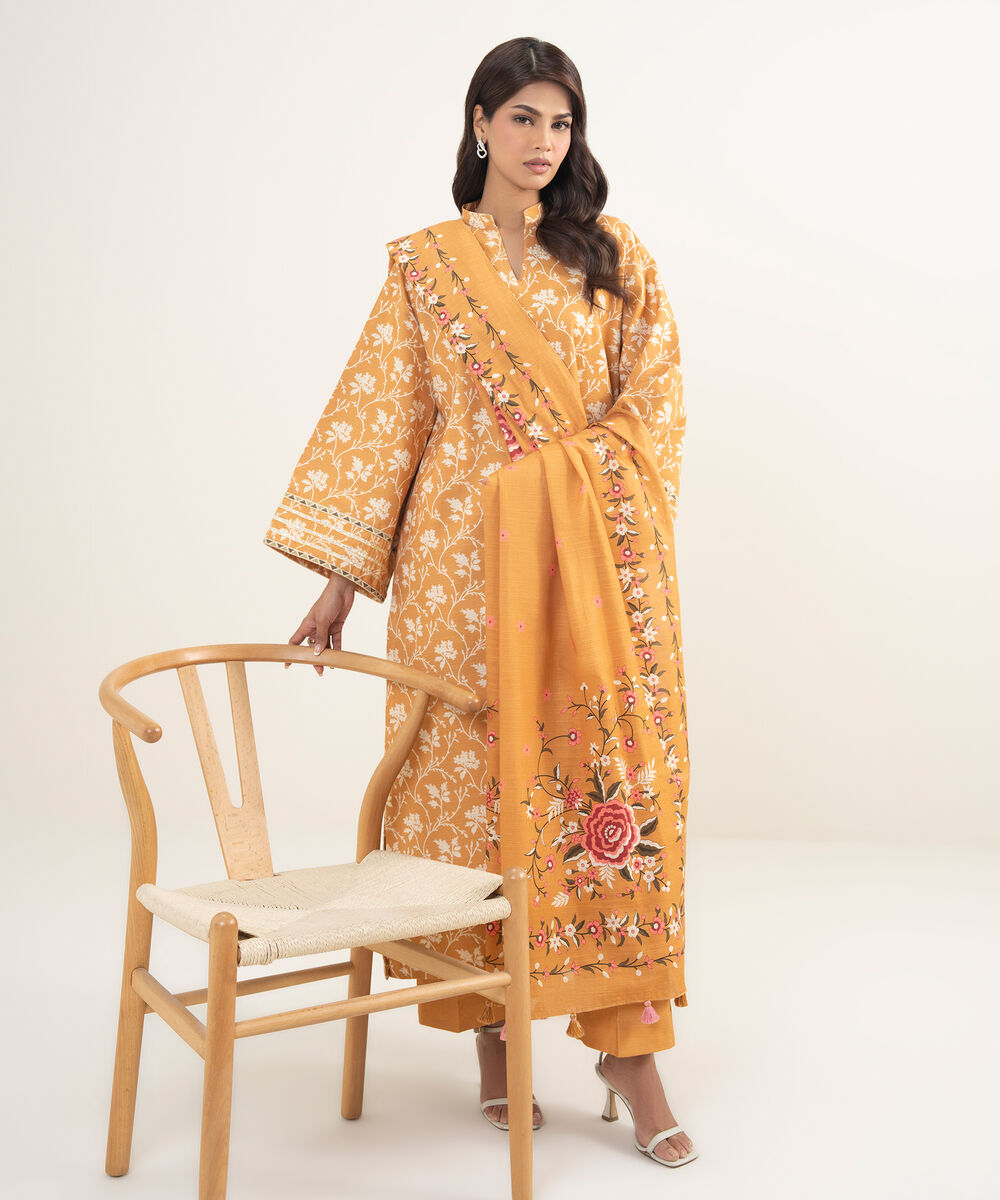 Women's Unstitched Arabic Khaddar Mustard  3 Piece Suit