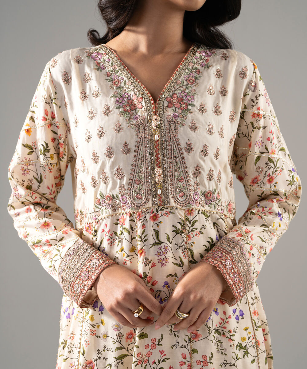 Women's RTW Bright Raw Silk Printed Beige 2 Piece Suit