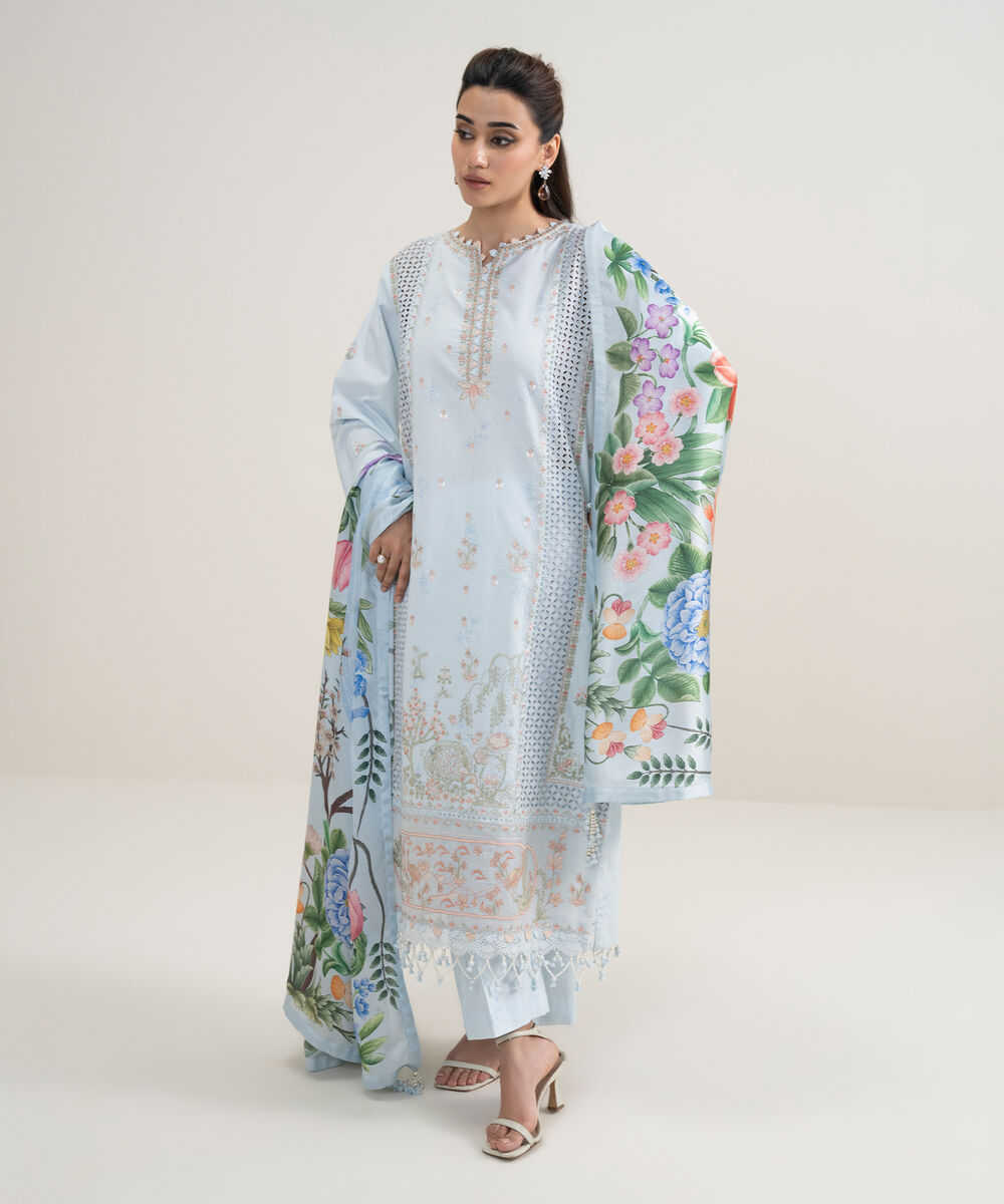 Women's Unstitched Lawn Embroidered Blue 3 Piece Suit