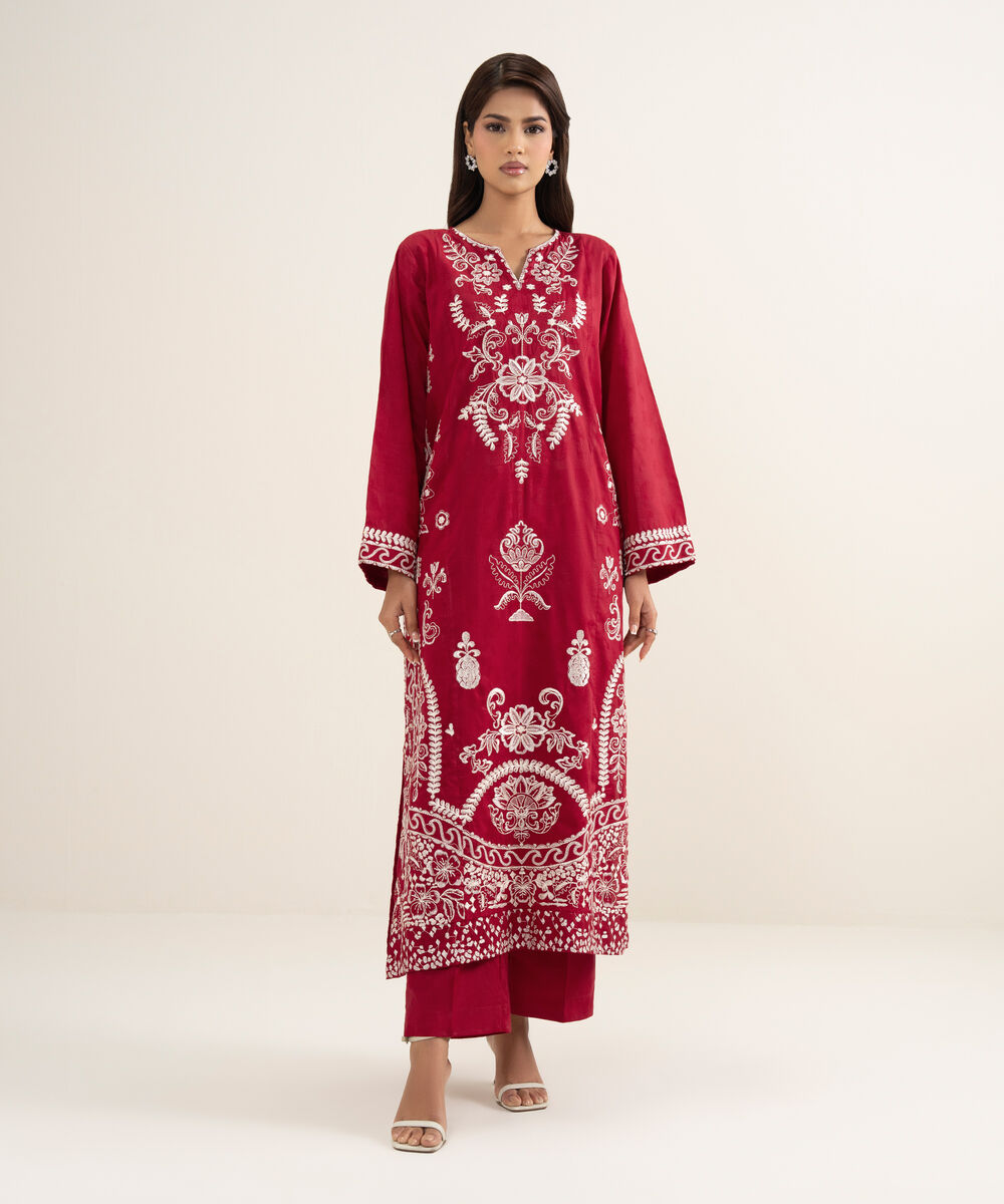 Women's RTW Self Jacquard Embroidered Red A-Line Shirt