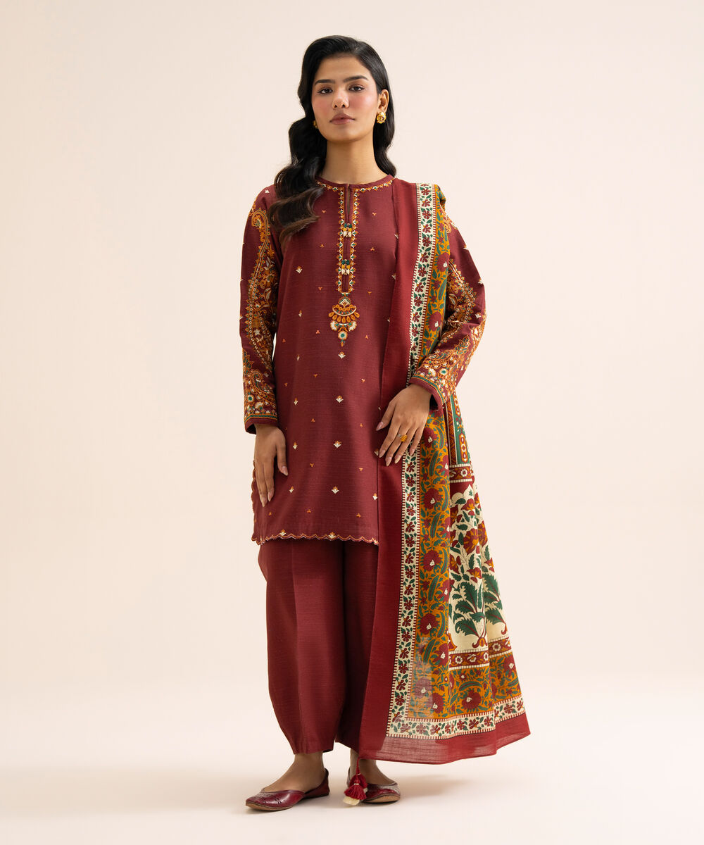Women's Unstitched Light Khaddar Embroidered Multi 3 Piece Suit