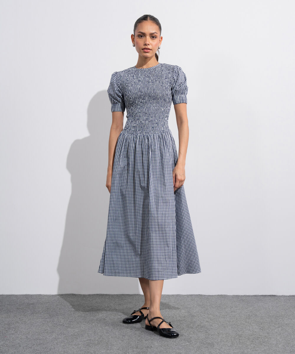 Women's Western Blue And White Smocked Gingham Dress