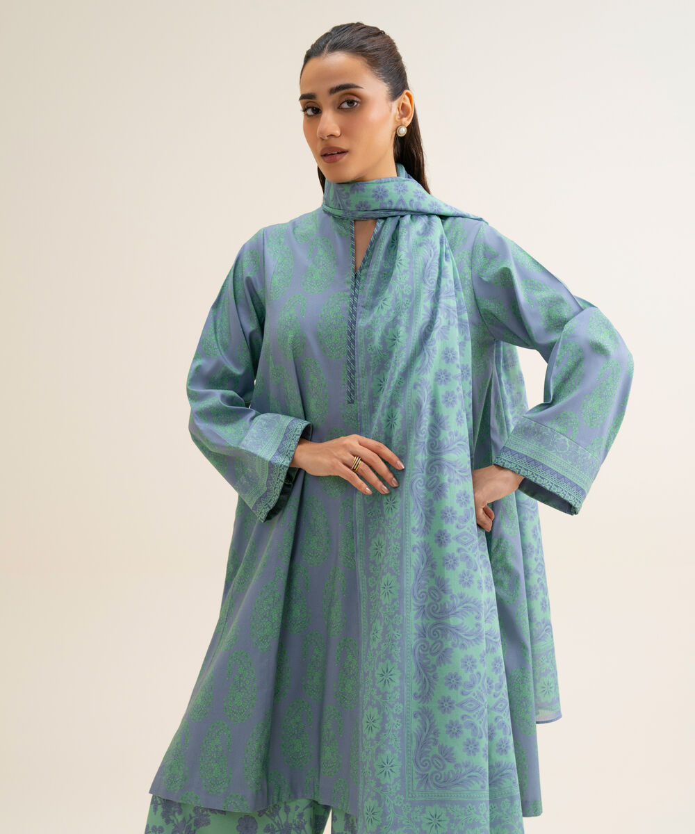 Women's Unstitched Cotton Viscose Printed Blue 3 Piece Suit