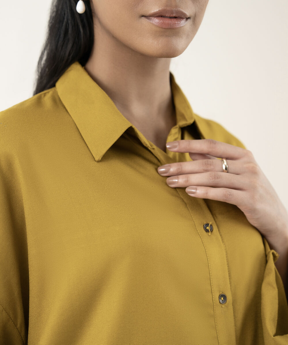 Women's RTW Dobby Mustard Solid Button Down Shirt