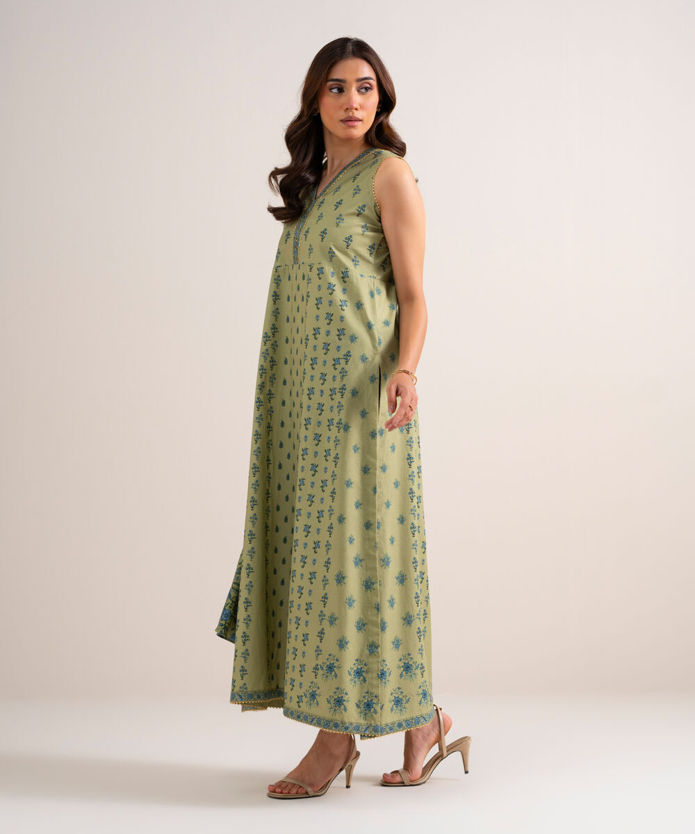 Women's Unstitched Printed Cotton Viscose Green 3 Piece Suit