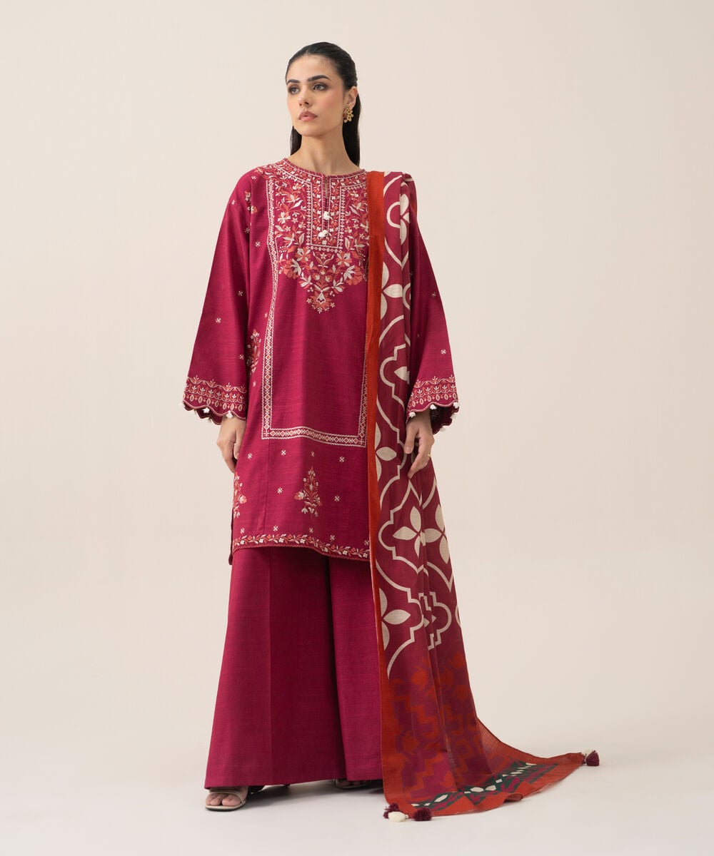 Women's Unstitched Basic Khaddar Embroidered Magenta 3 Piece Suit