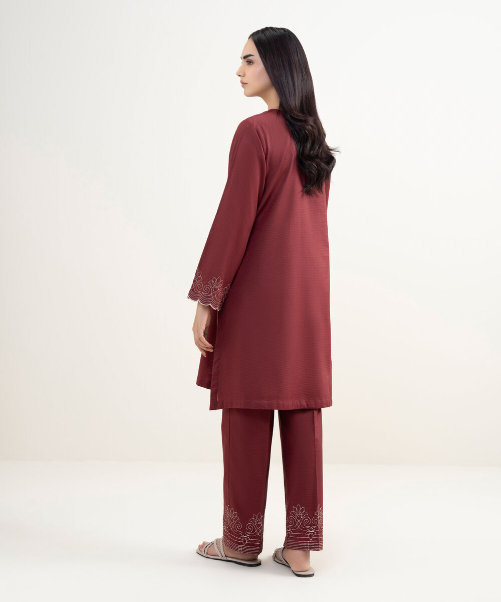 Women's RTW Dobby Embroidered Red Straight Shirt