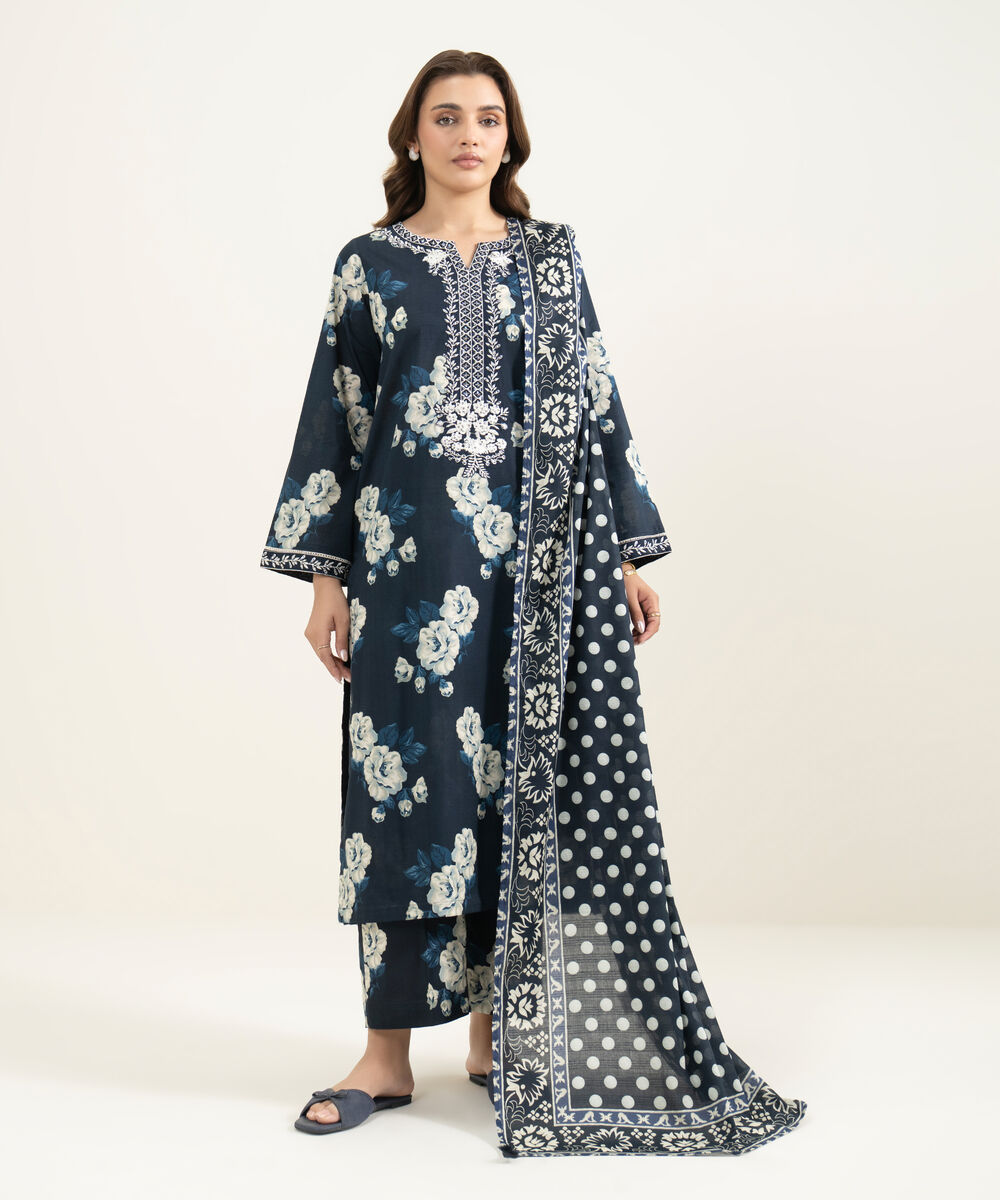 Women's RTW Slub Lawn Embroidered Blue 3 Piece Suit
