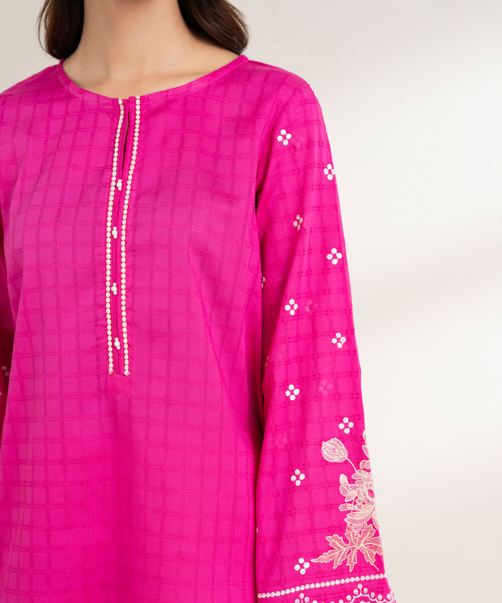 Women's RTW Textured Cotton Embroidered Straight Pink Shirt