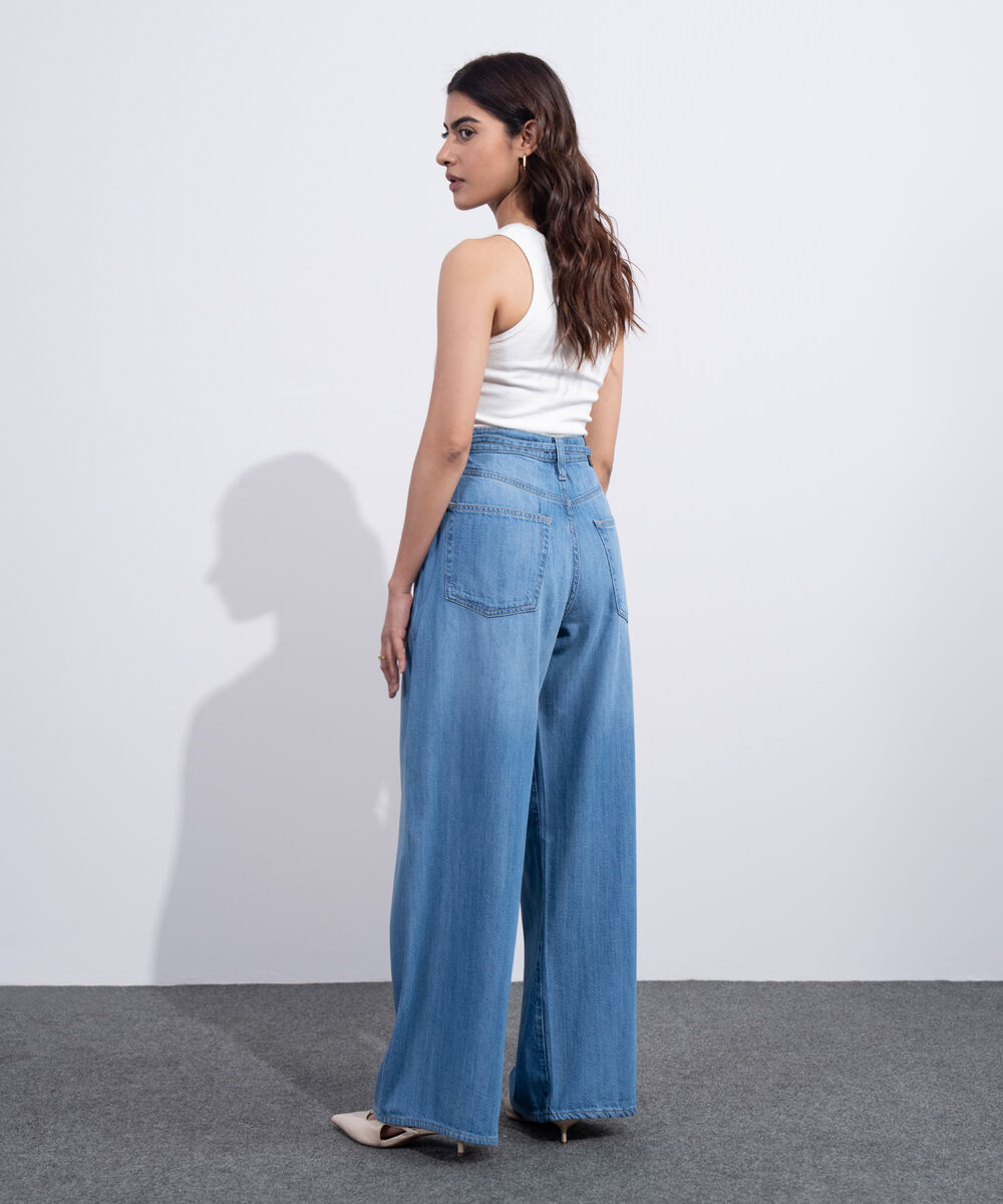 Women's Western Mid Blue Wash High Rise Wide Leg Jeans