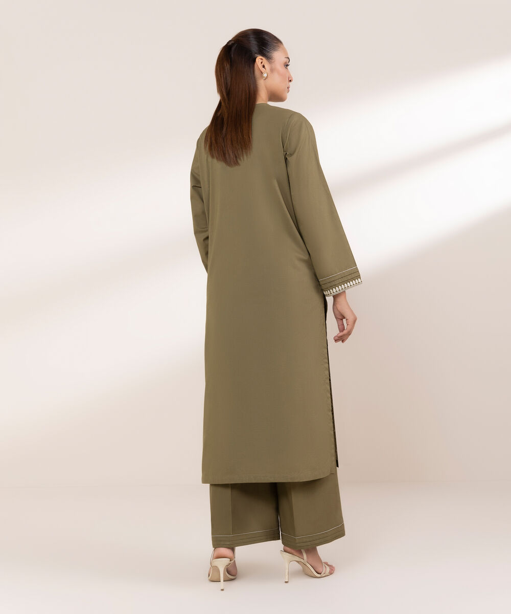 Women's RTW Textured Lawn Green Embroidered A-Line Shirt