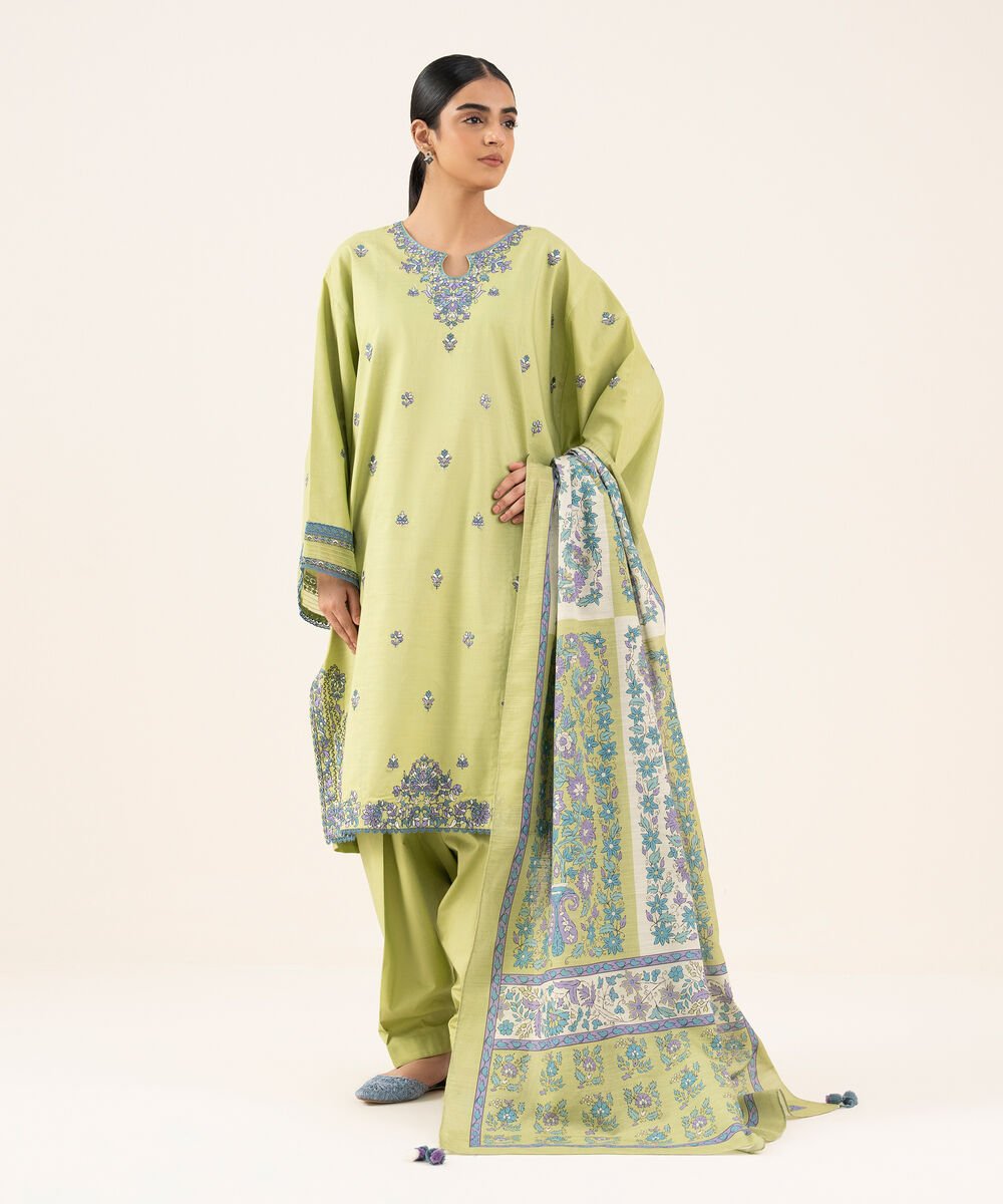Women's Unstitched Textured Cotton Embroidered Green 2 Piece Suit