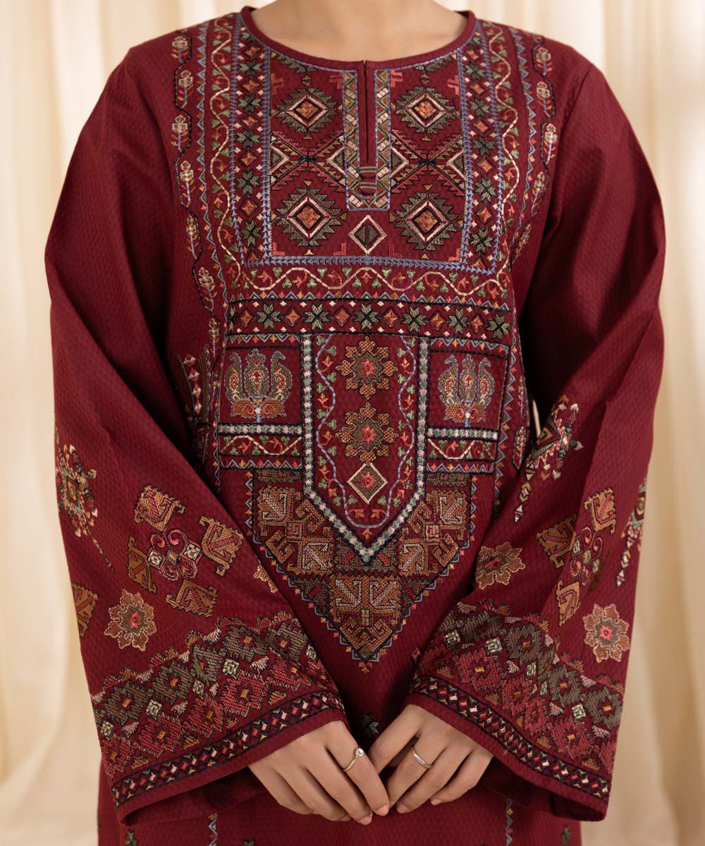 Women's Unstitched Raw Silk  Embroidered Maroon  3 Piece Suit