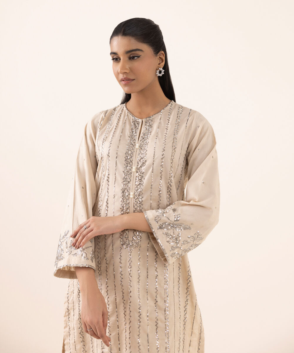 Women's RTW Cotton Jacquard Beige Embroidered A-Line Shirt