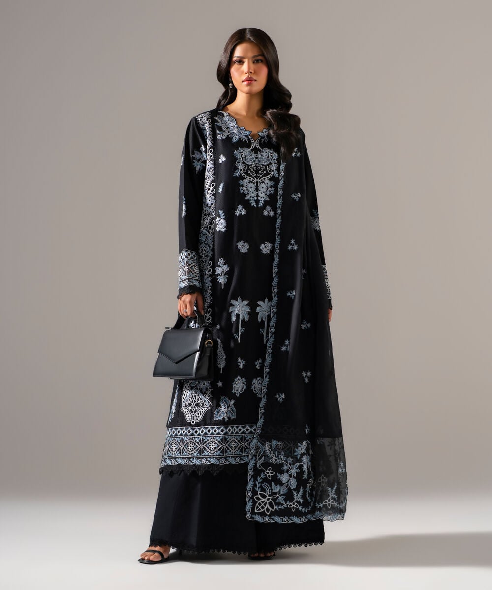 Women's RTW Dobby Solid Embroidered Black 3 Piece Suit