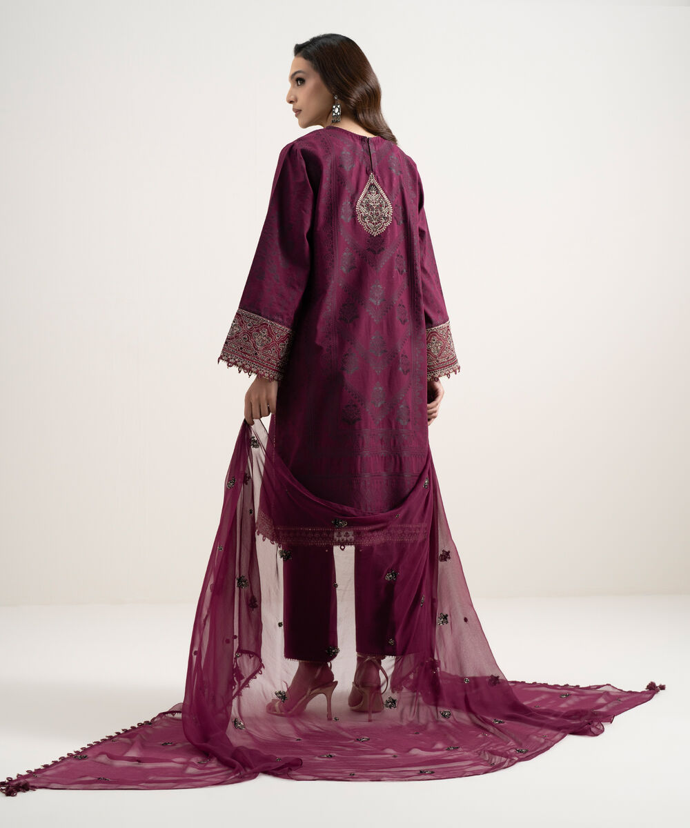 Women's Unstitched Extra Weft Jacquard Embroidered Pink 3 Piece Suit