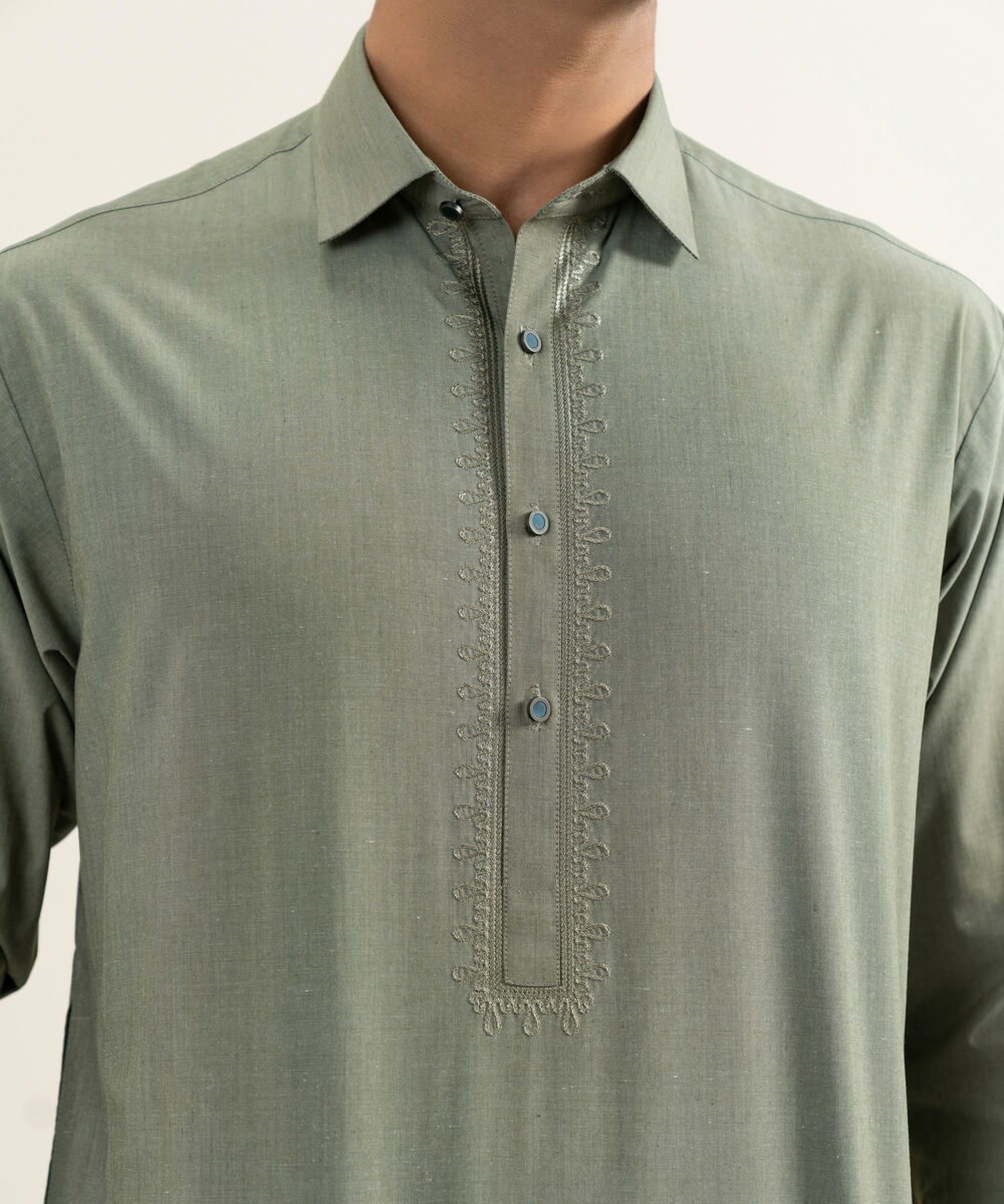 Men's light olive Blended Yarn Dyed Kameez Shalwar