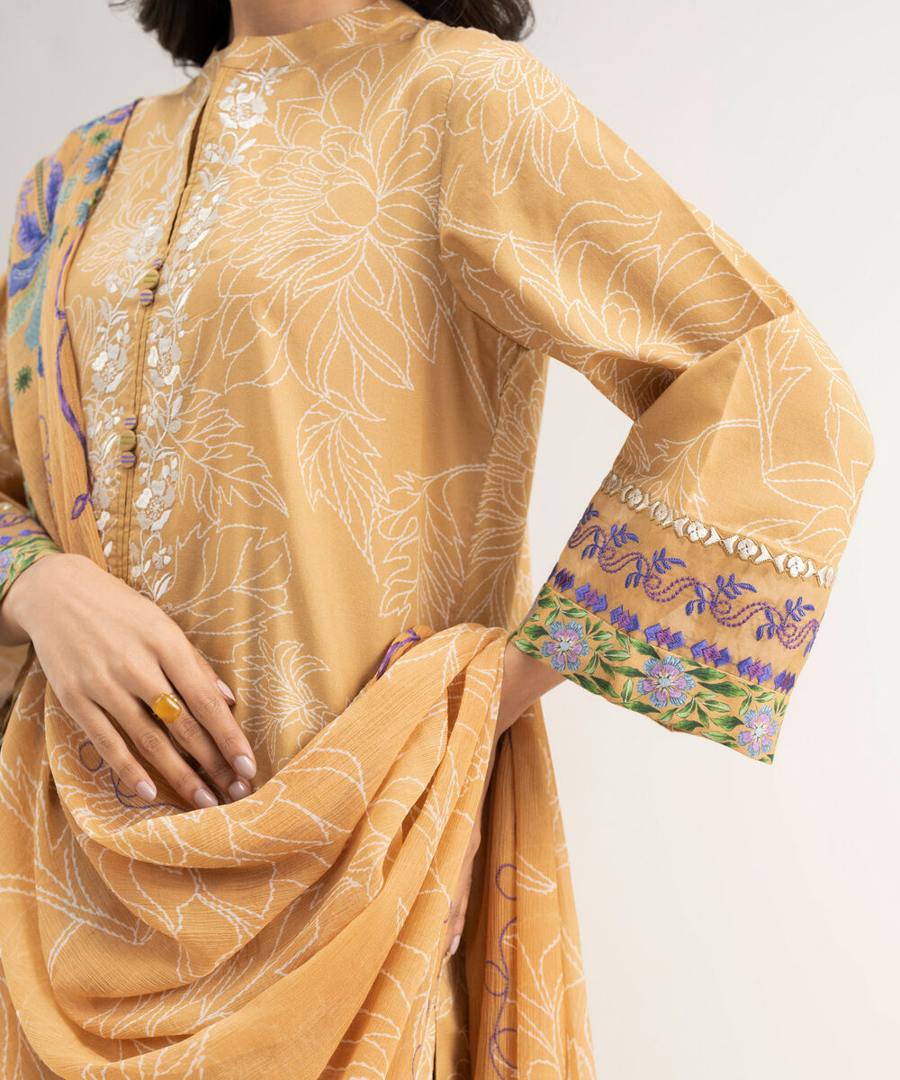 Women's Unstitched Lawn Embroidered Orange 3 Piece Suit