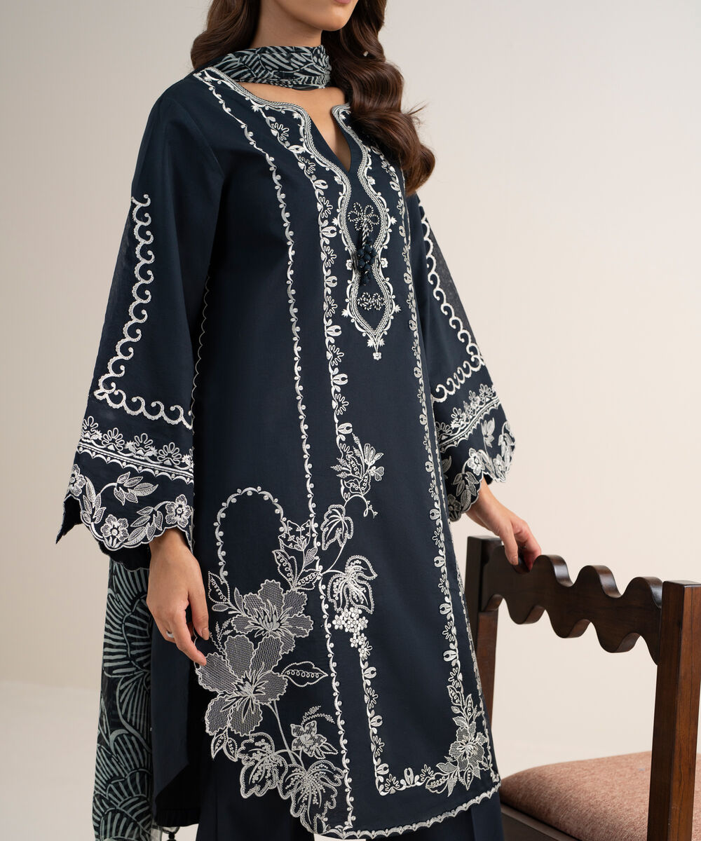 Women's Unstitched Fine Cotton Satin Embroidered Black
