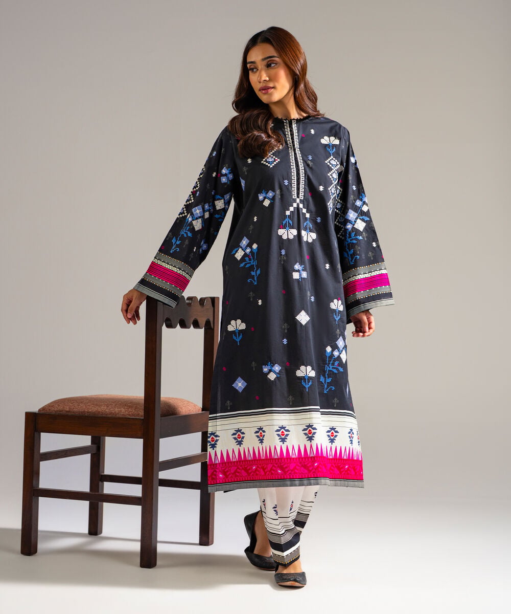 Women's RTW Lawn Embroidered Black Straight Shirt
