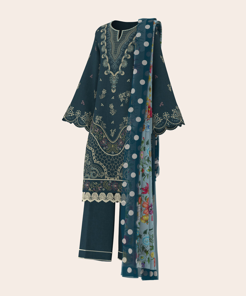 Women's Unstitched Self Jacquard Teal Blue  Embroidered 3 Piece Suit