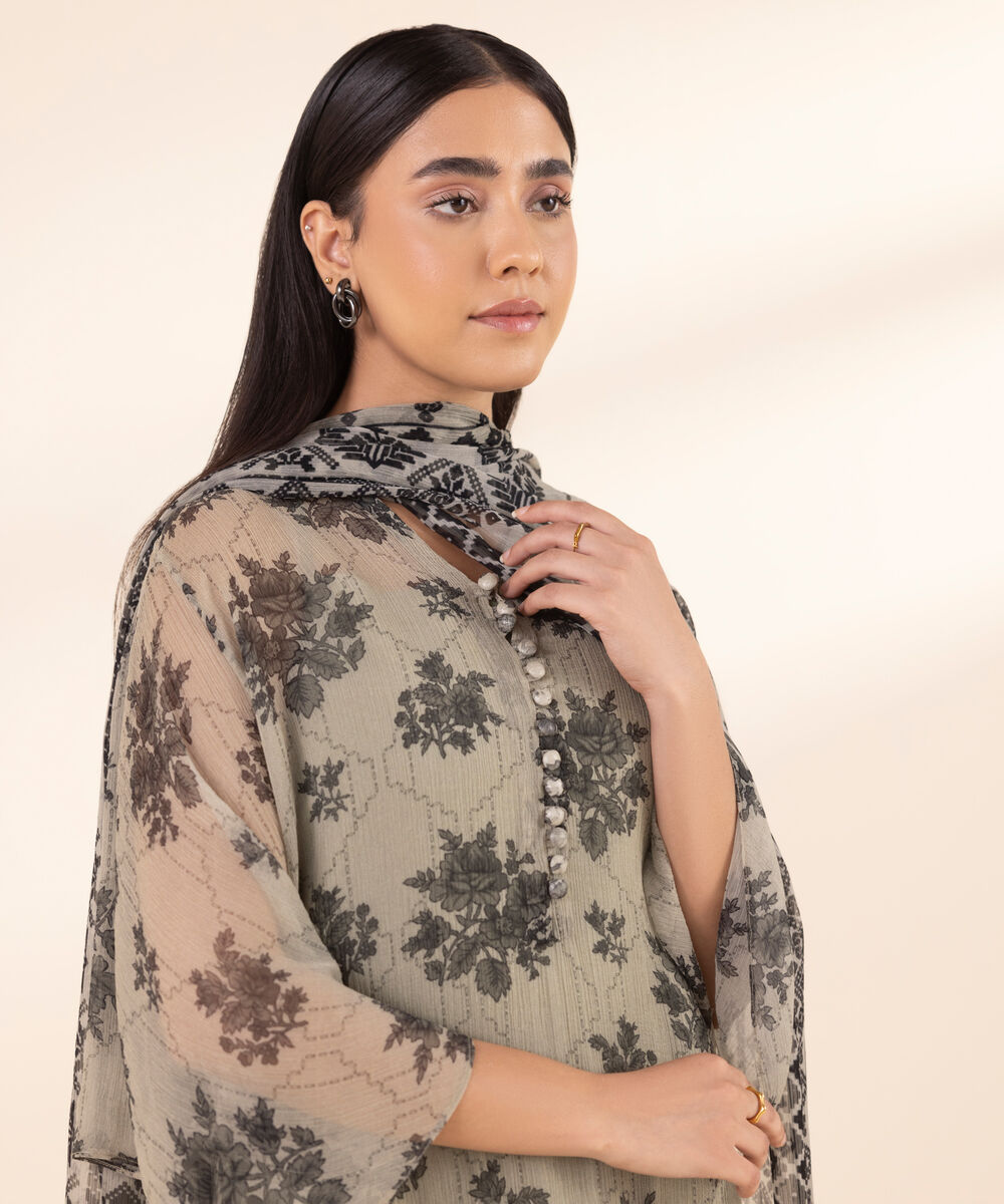Women's Unstitched Chiffon Printed Grey 3 Piece Suit