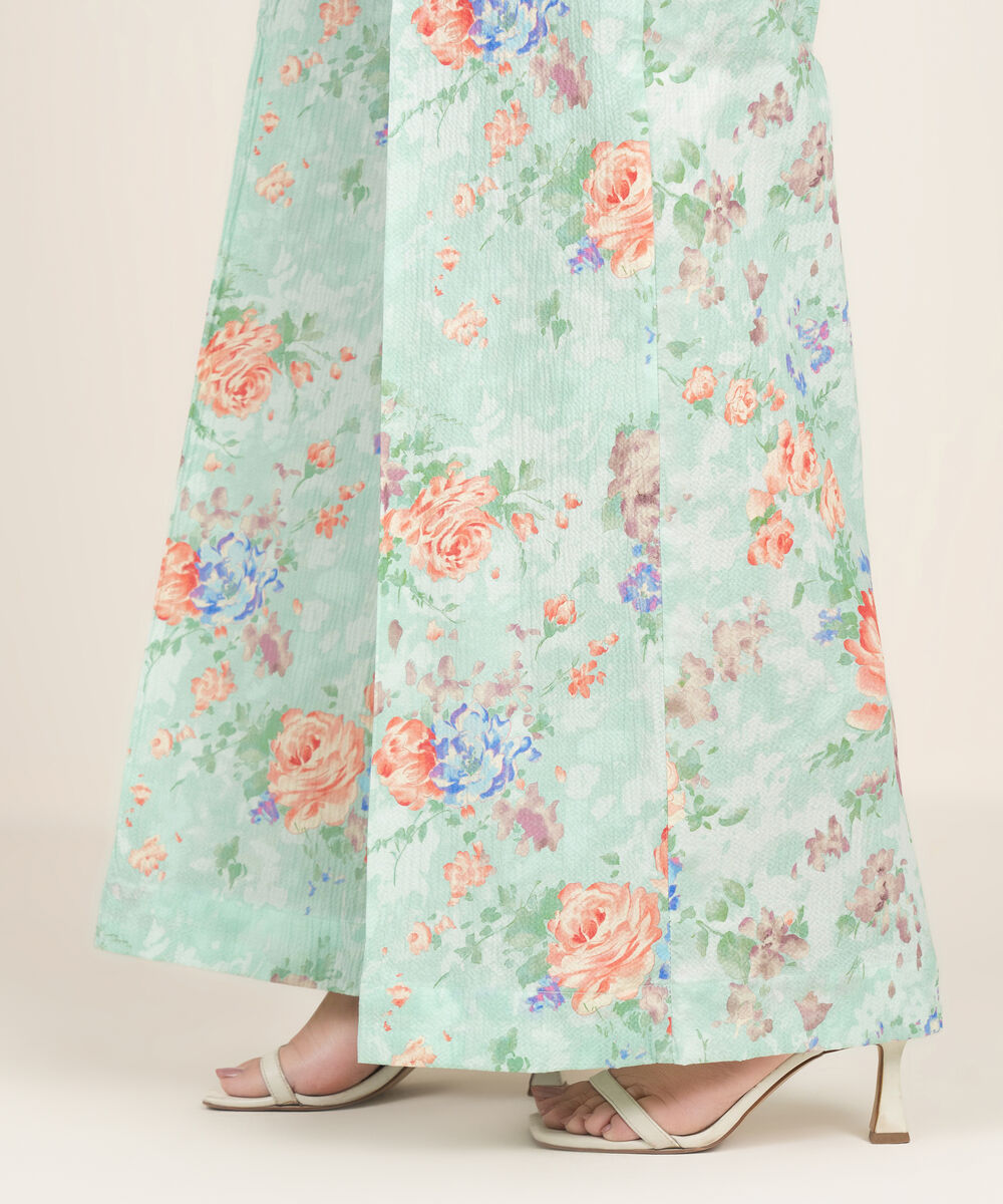 Women's RTW Seersucker Printed Turquoise Flared Pants