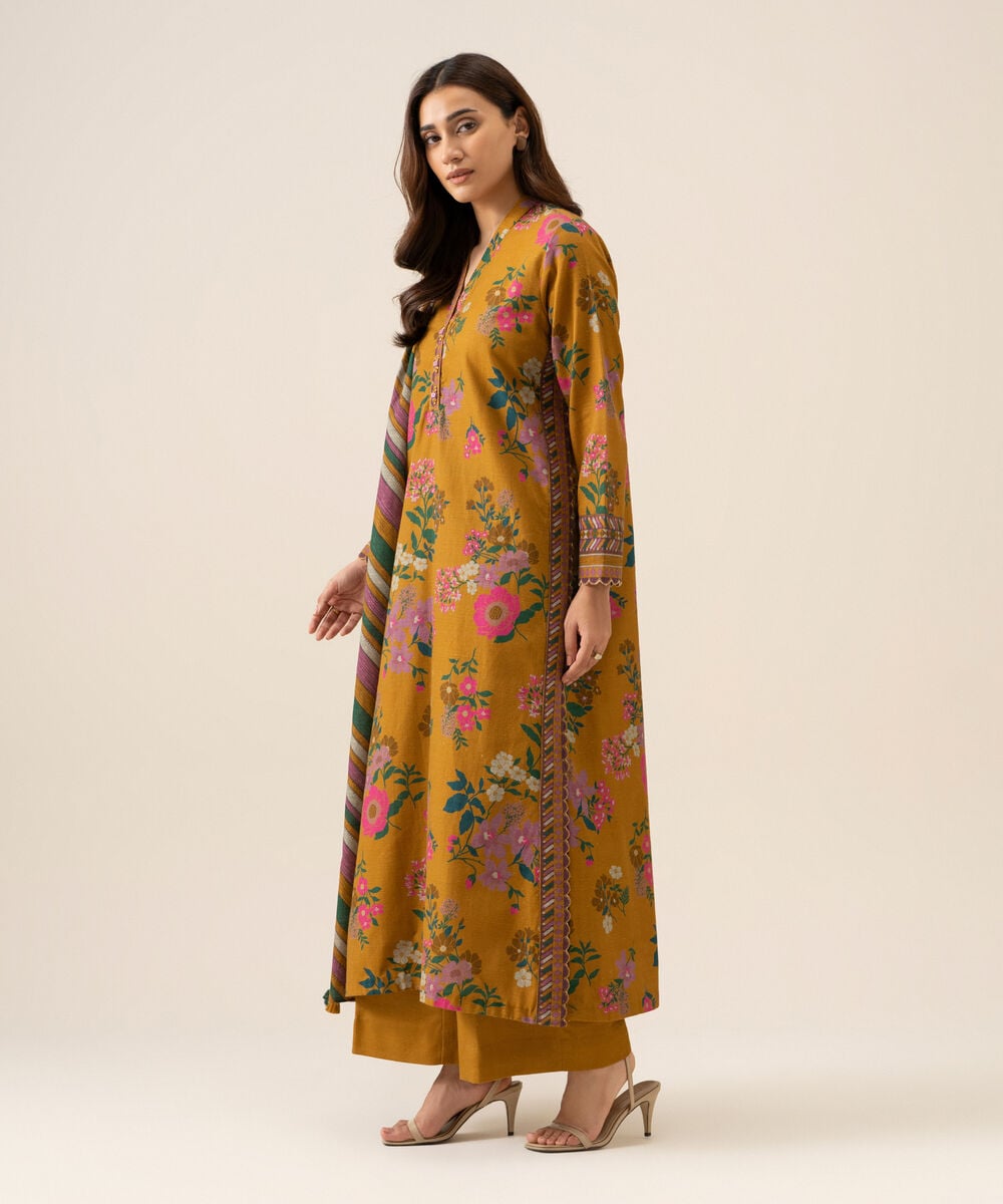 Women's Unstitched Premium Khaddar Printed Mustard 3 Piece Suit