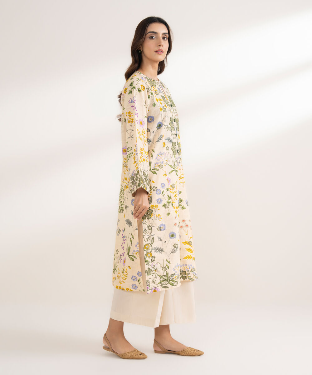 Women's RTW Khaddar Embroidered A-Line Pale Yellow Shirt