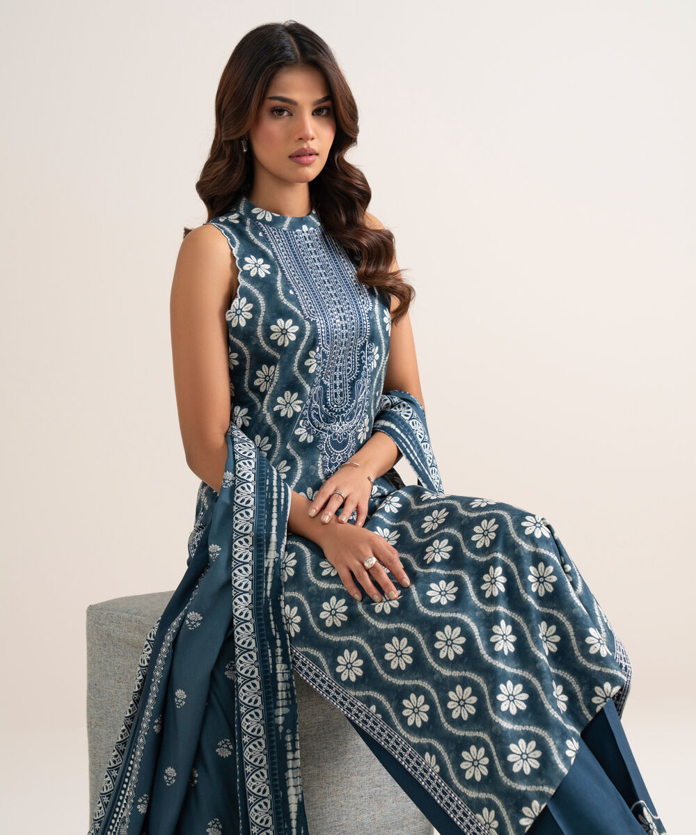 Women's Unstitched Embroidered Linen Blue 3 Piece Suit