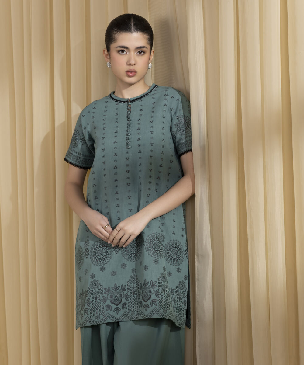 Unstitched Women's Green Extra Weft Jacquard Shirt Trousers