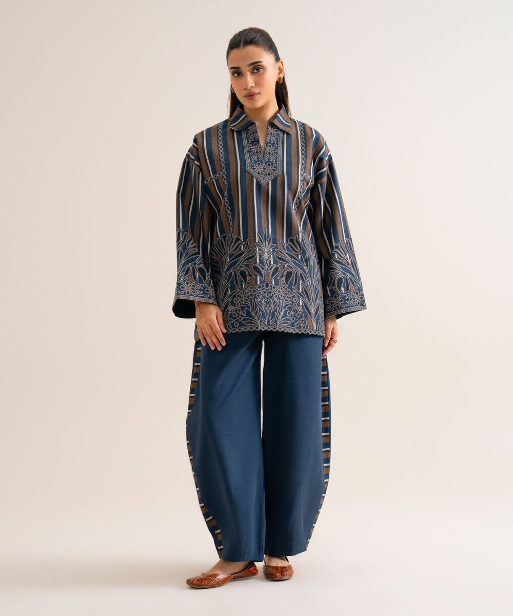 Women's Unstitched Premium Khaddar Printed Dark Blue 2 Piece Suit