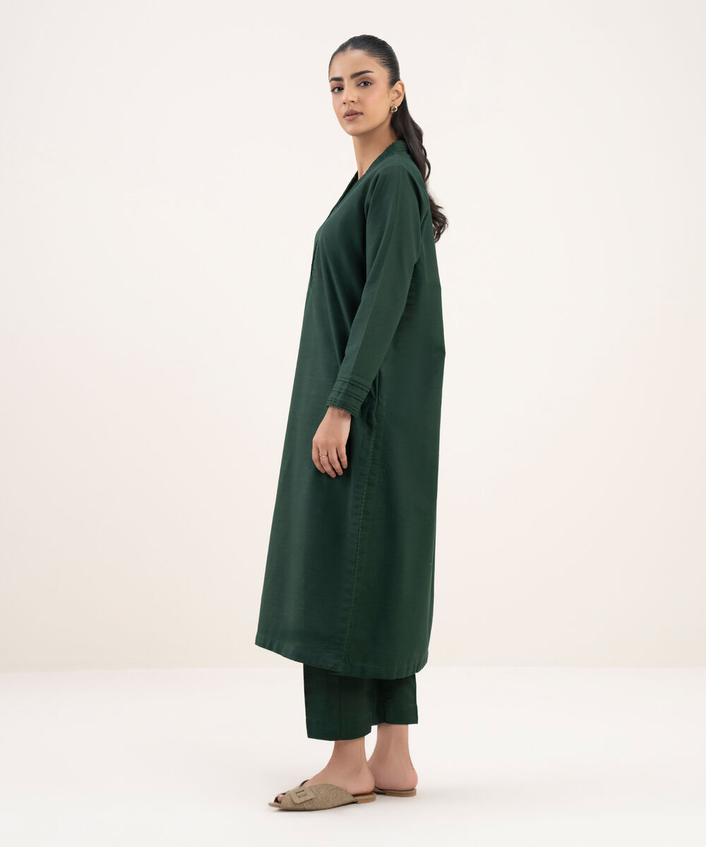 Women's RTW Light Khaddar Solid A-Line Green Shirt