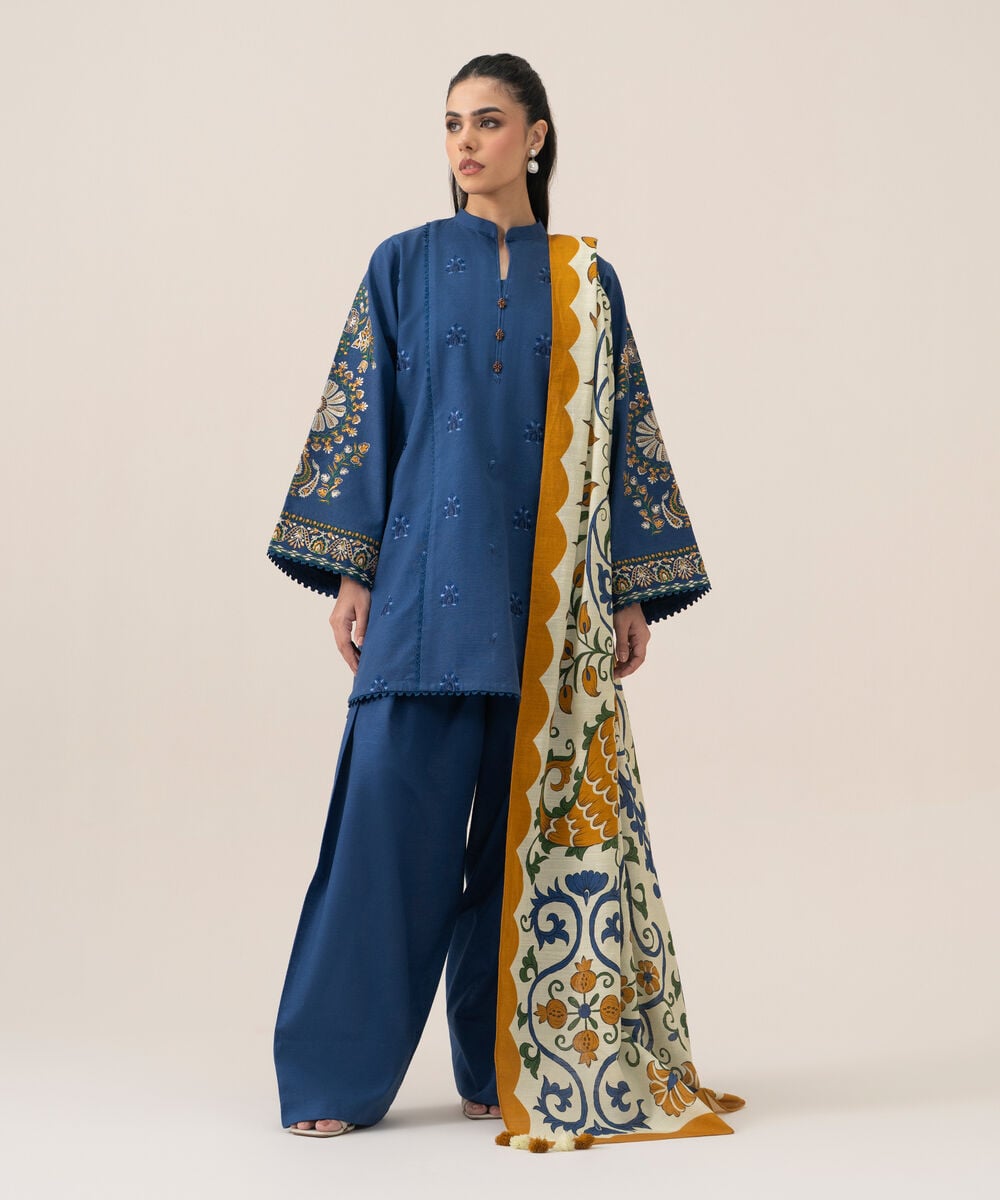 Women's Unstitched Basic Khaddar Embroidered Blue 3 Piece Suit