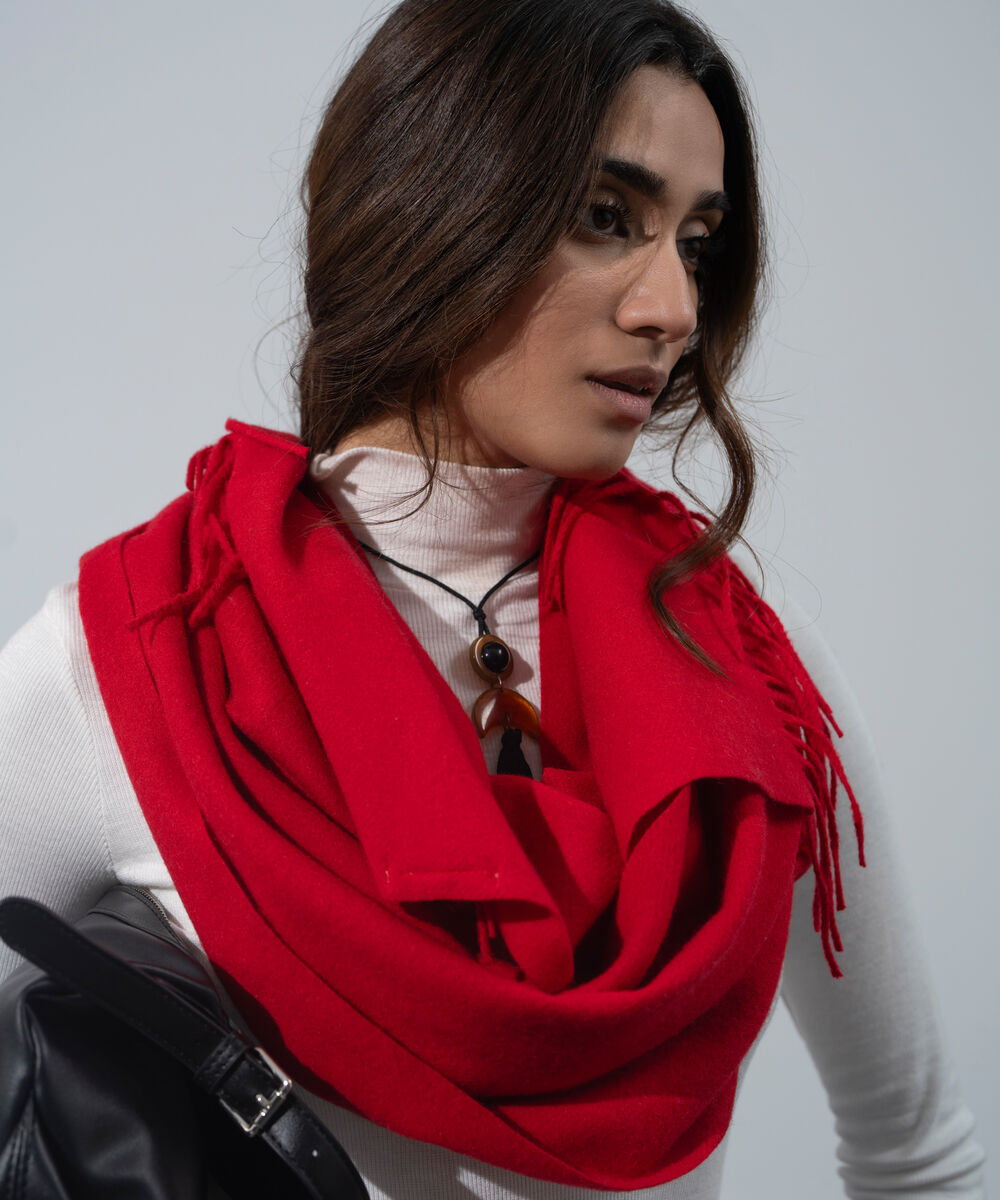 Women's Western Wear Red Polyester Solid Woolen Scarf