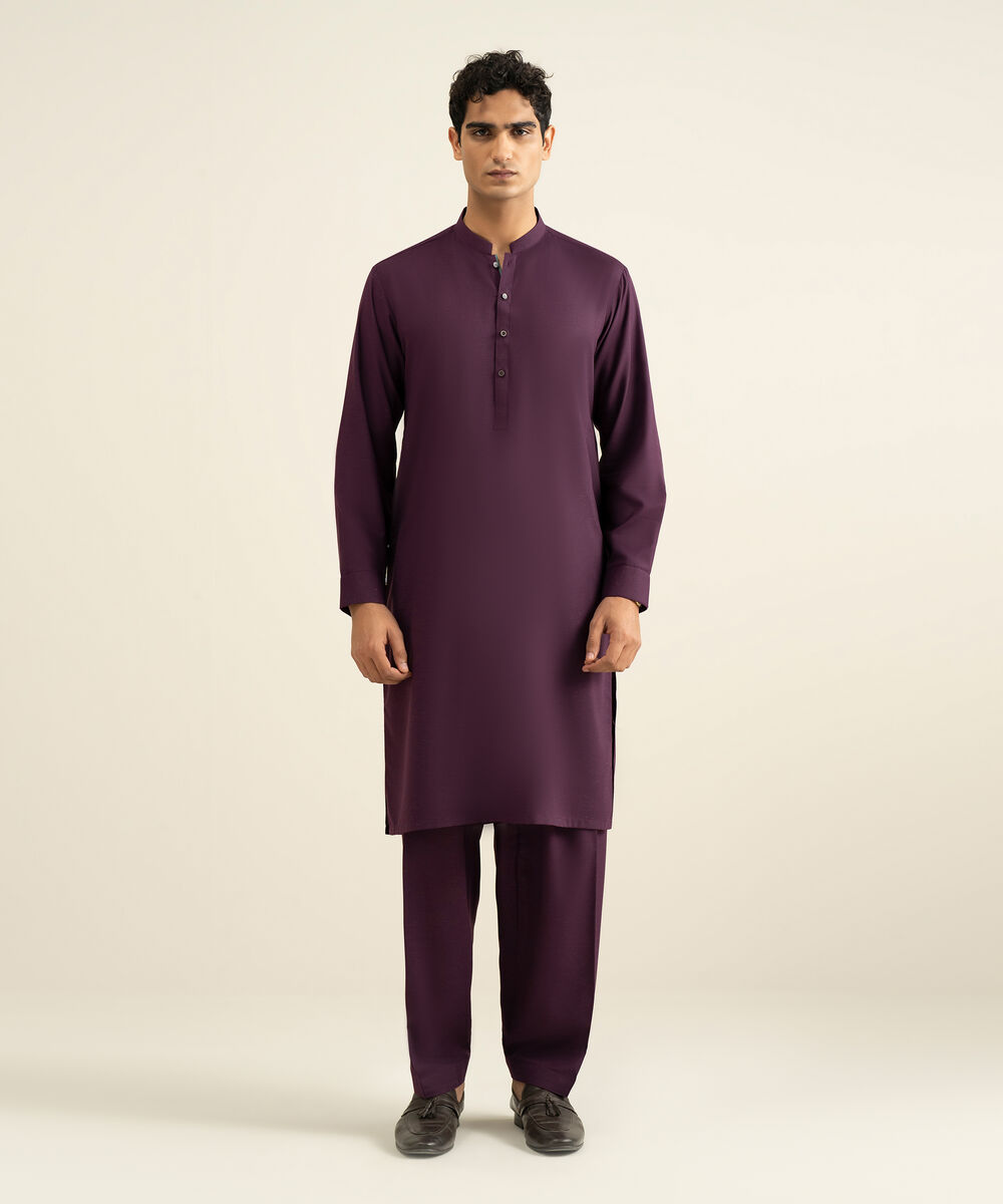 Men's plum Blended Linen Kameez Shalwar