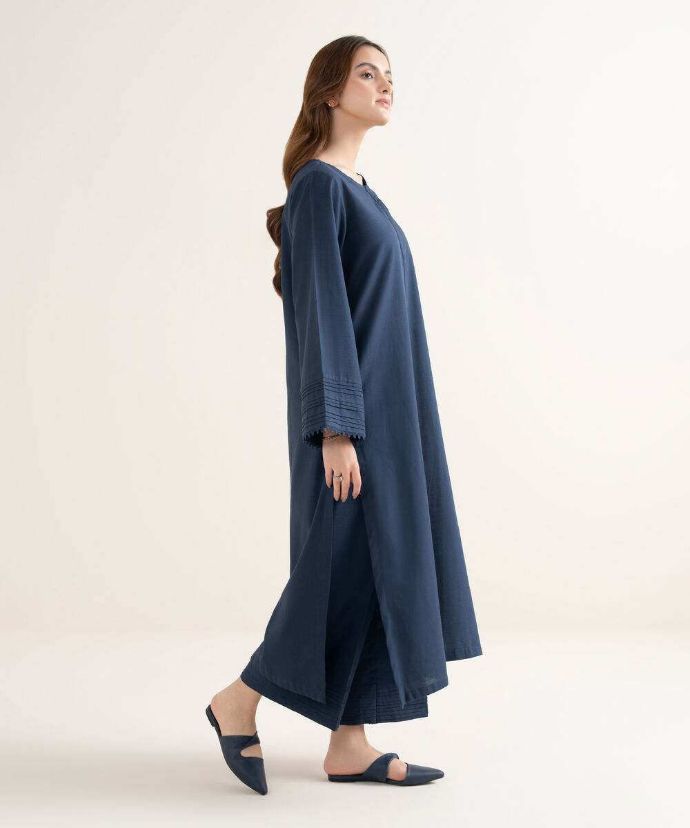 Women's RTW Textured Cotton Solid A-Line Blue Shirt