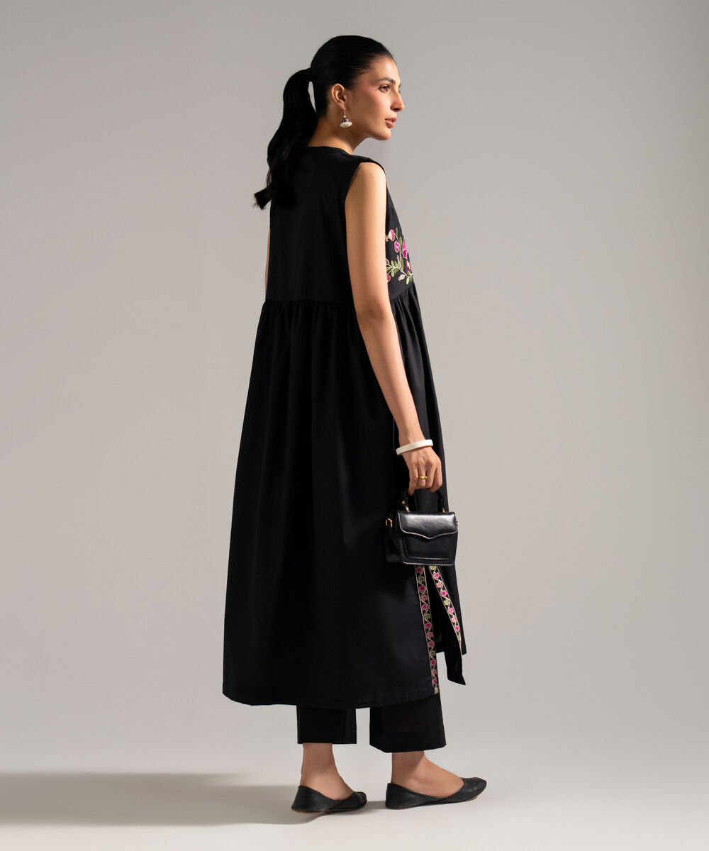 Women's RTW Dobby Embroidered Black Dress Shirt