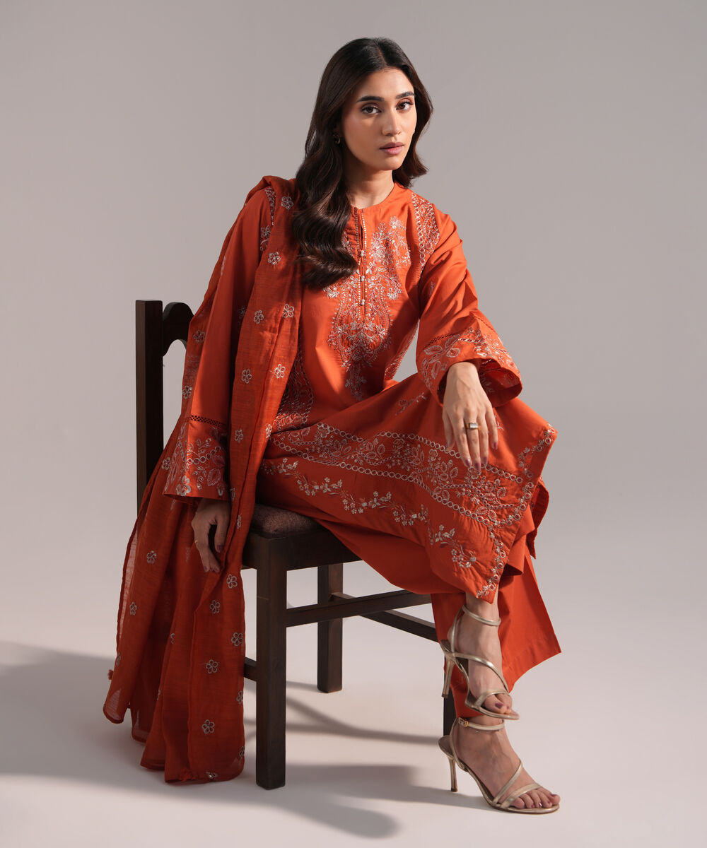 Women's RTW Cambric Embroidered Orange  3 Piece Suit