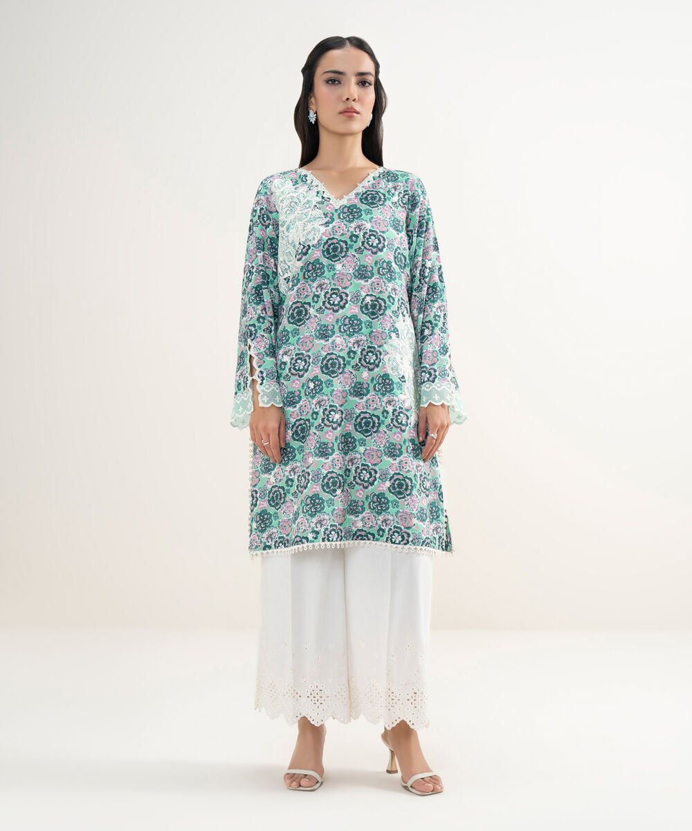 Women's RTW Viscose Raw Silk Embroidered Turquoise Straight Shirt