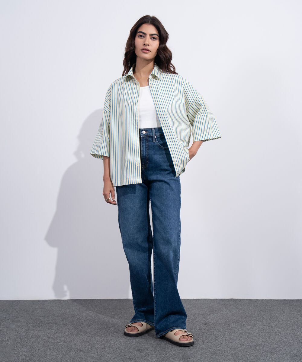 Women's Western Yellow And Blue Boxy Stripe Printed Shirt