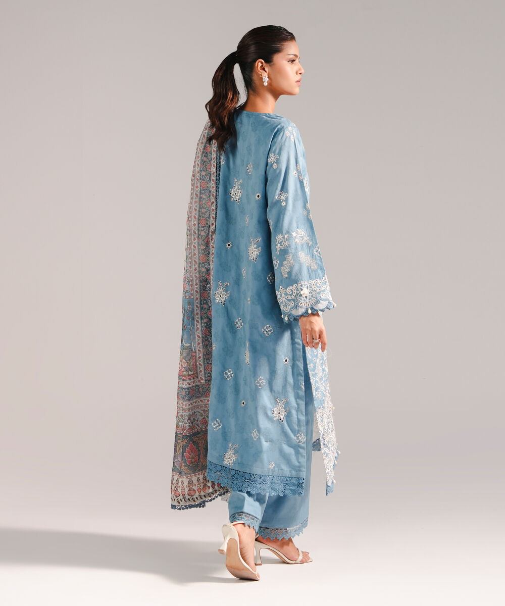 Women's RTW Self Jacquard Embroidered Blue 3 Piece Suit