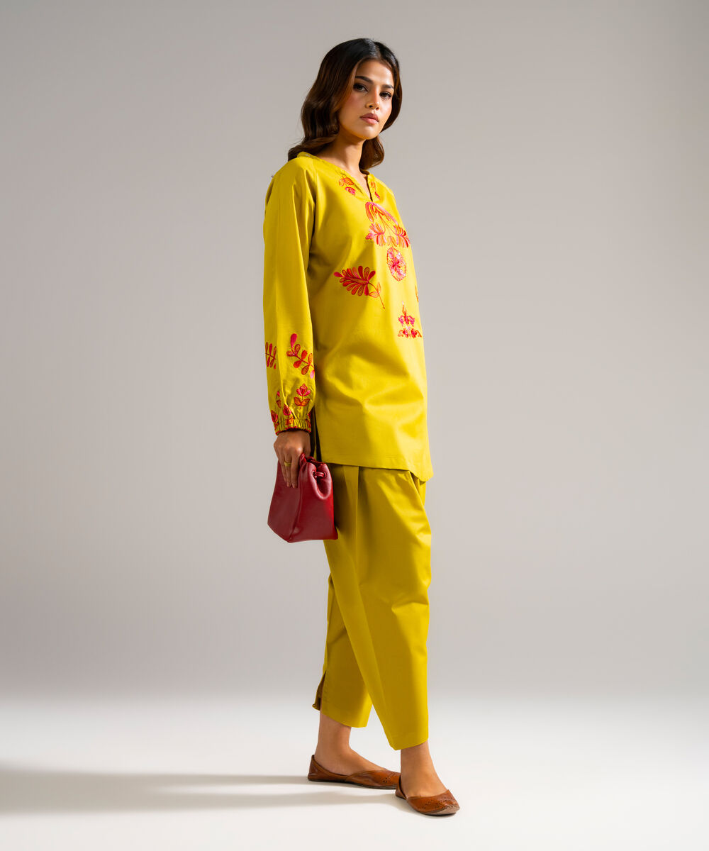 Women's RTW Dobby Embroidered Yellow Straight Shirt