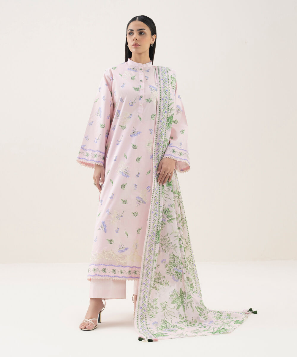 Women's Unstitched Lawn Embroidered Pink 3 Piece Suit